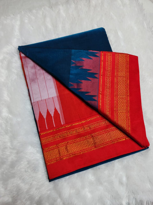 Navy Blue & Red Tana Gadawal Ilkal Cotton Saree