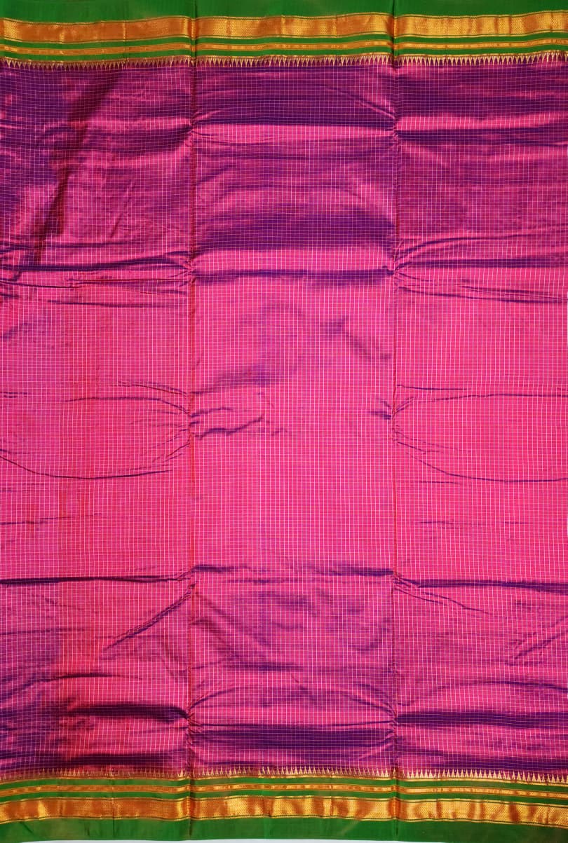 Pink Checks Ilkal Saree with Green-Gold Border