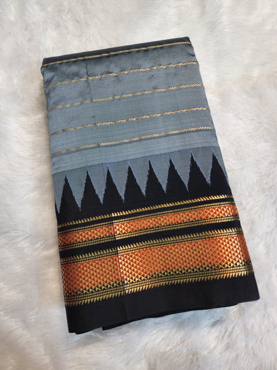 Steel Grey Pure Ilkal Gadwal Silk Saree with Necklace Zari Lines