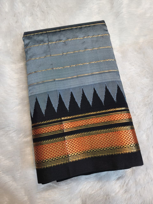 Steel Grey Pure Ilkal Gadwal Silk Saree with Necklace Zari Lines