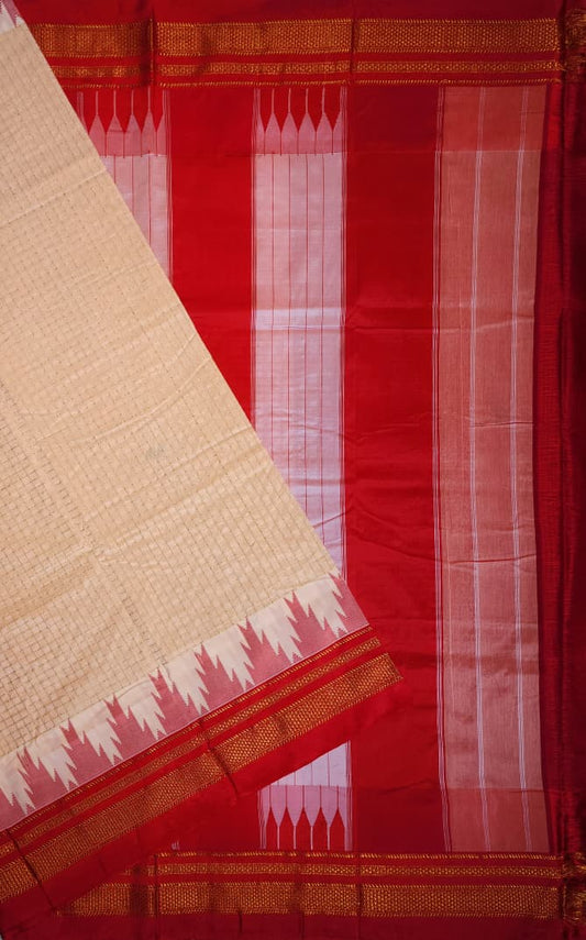 Peach-Beige Gadwal Chaduranga Ilkal Cotton Saree with Contrast Zari Border & Pallu
