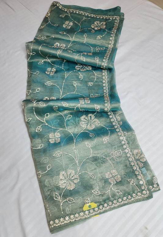 Teal Green Fancy Embroidered Saree