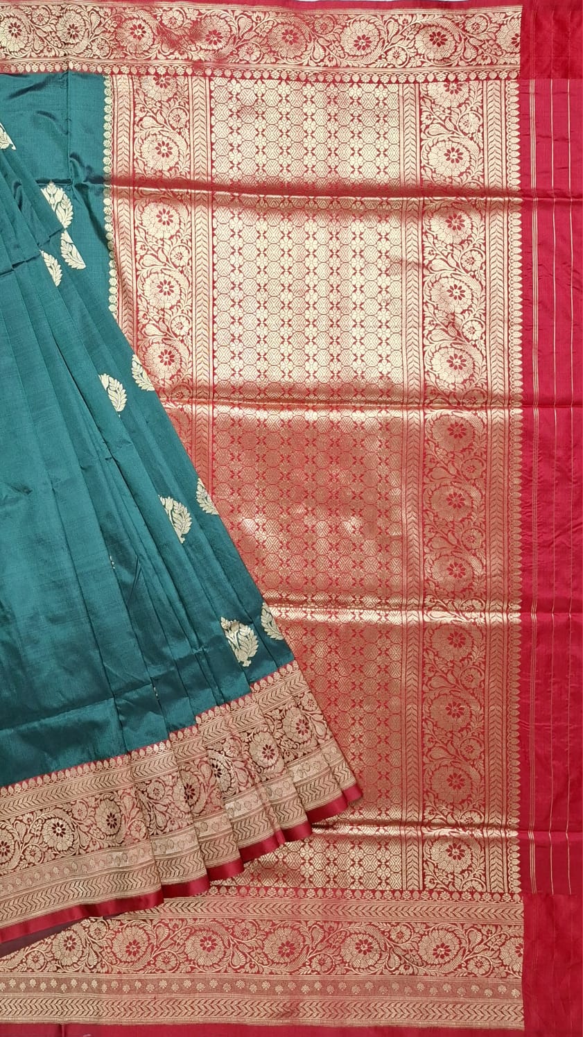Bottle Green Banarasi Silk Saree with Golden Leaf Motifs