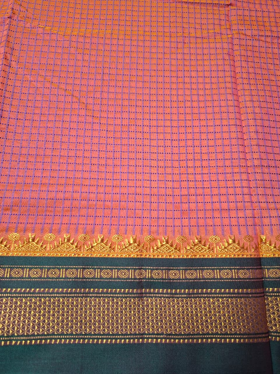 Coral Orange thread chaduranga Ilkal with Gadwal  Deep Bottle Green Border