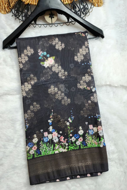 Black Viscose Dola Silk Floral print