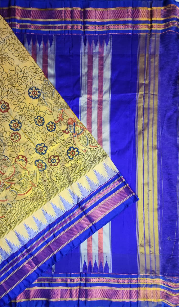 Yellow Kalamkari Ilkal Fusion Saree with Royal Blue Pallu & Pink–Gold Zari Border