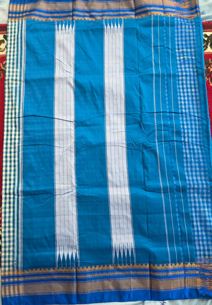 Classic light blue & White Ilkal Mini Checks Saree