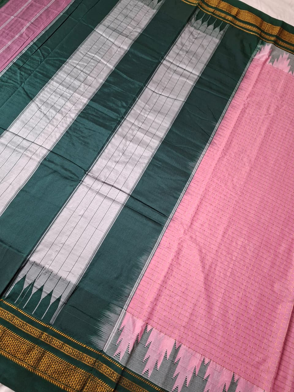 Blush Pink & Bottle Green Gadwal Chaduranga Ilkal Cotton Saree with Contrast Zari Border & Pallu