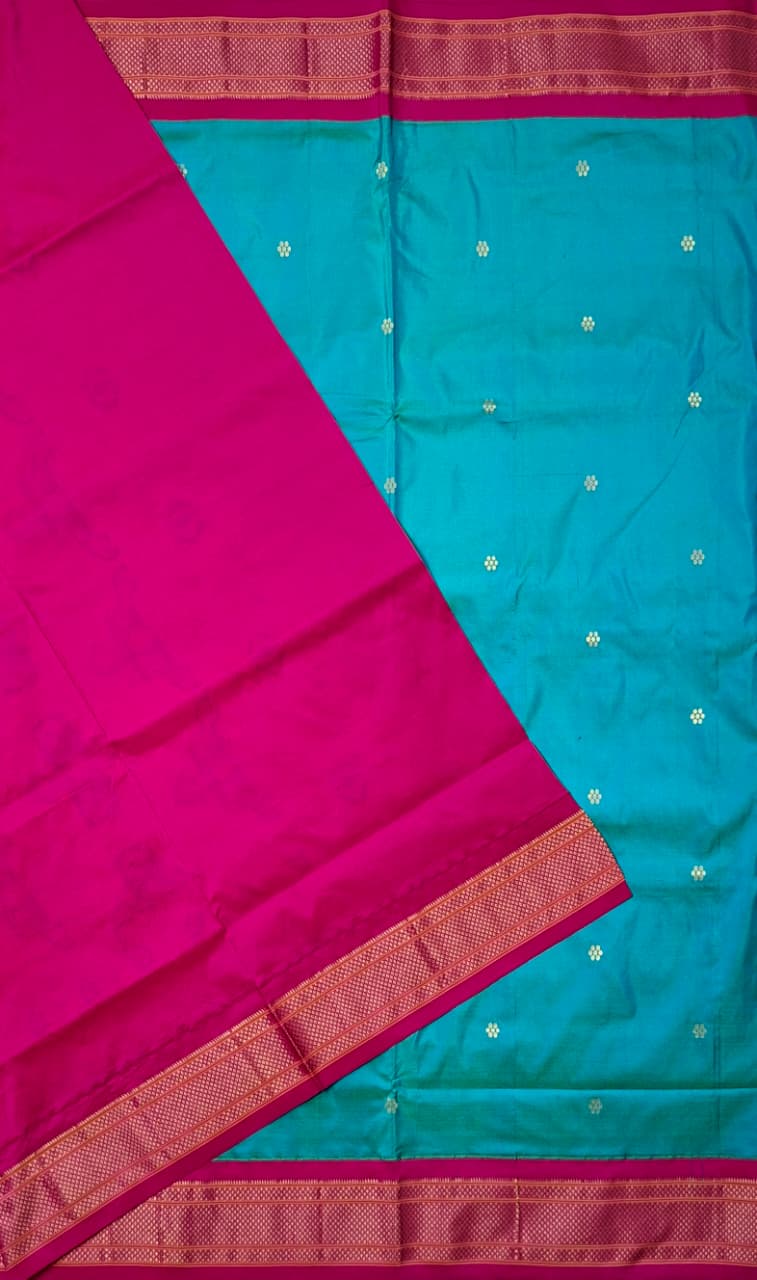 Turquoise Blue Paithani Silk with Flower Motifs