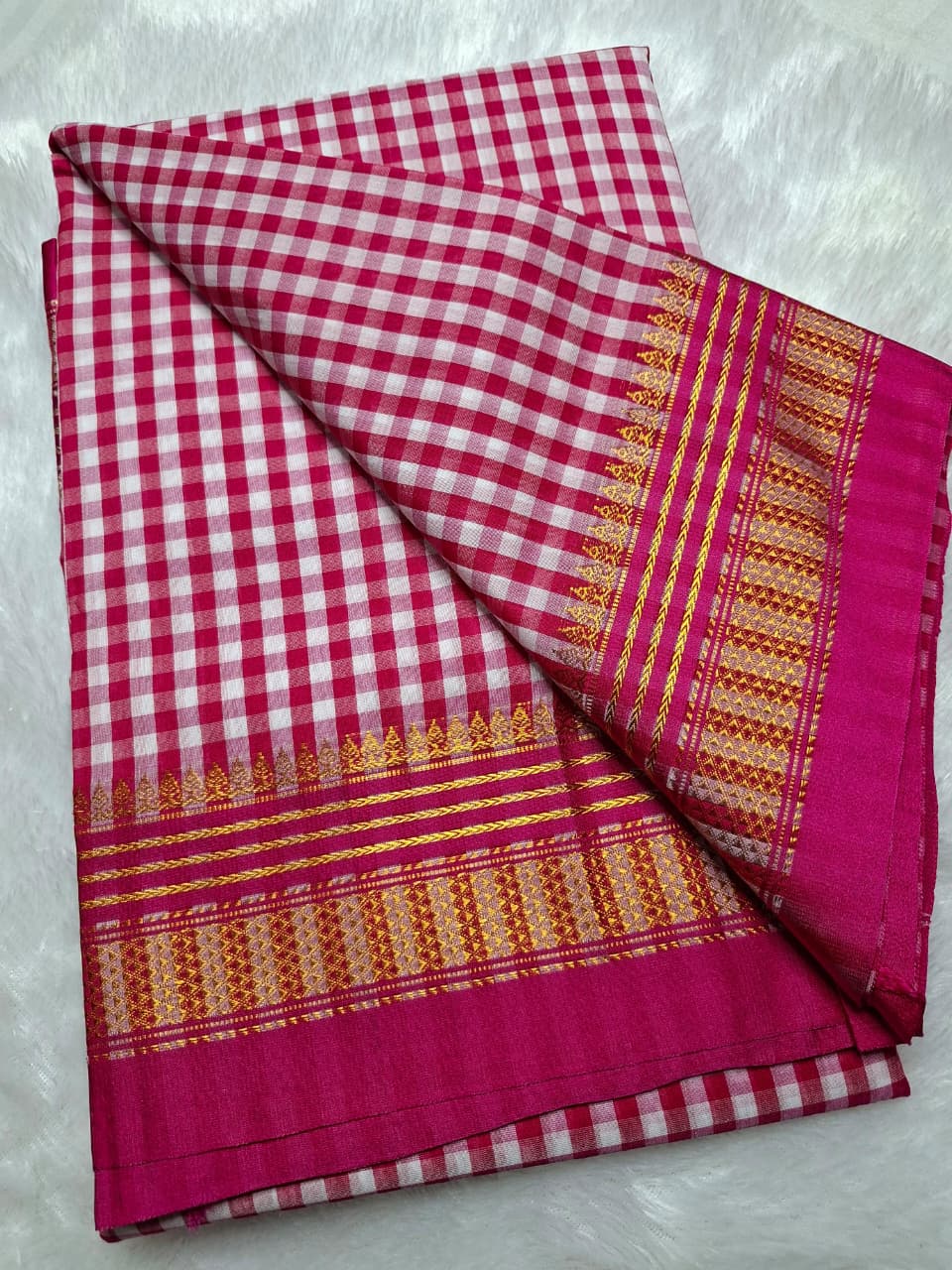 Pink & White Ilkal Mini Checks Saree