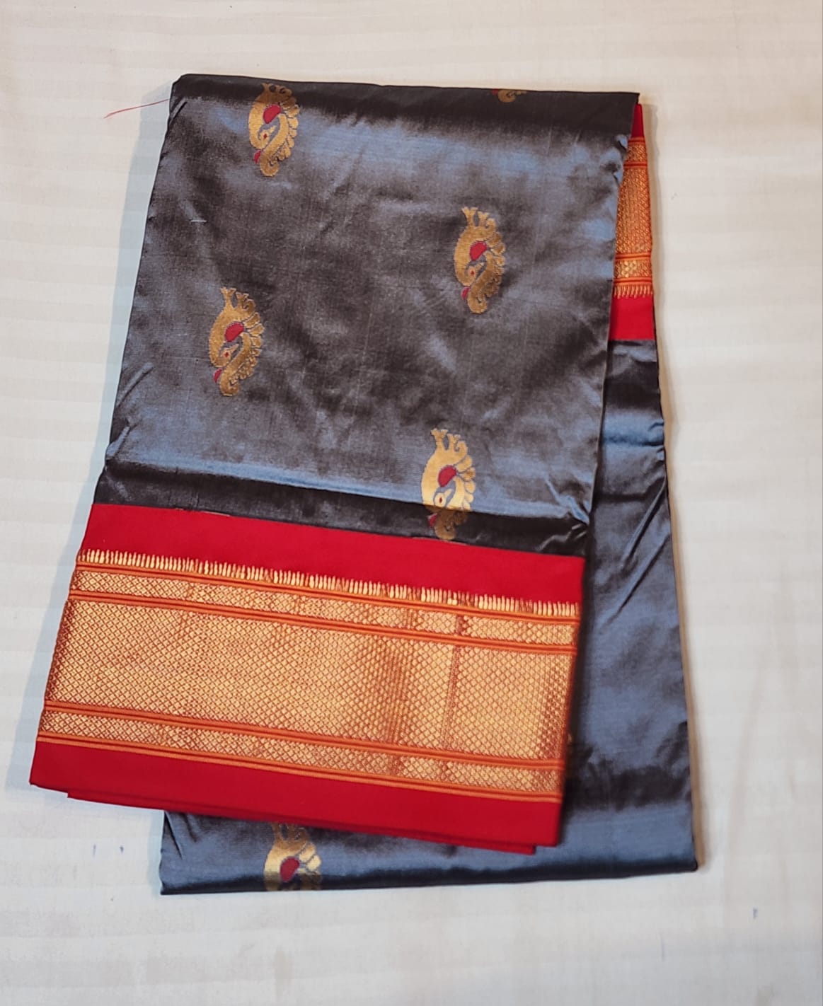 Grey Red Paithani silk