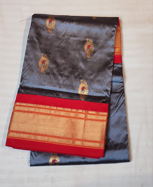 Grey Red Paithani silk