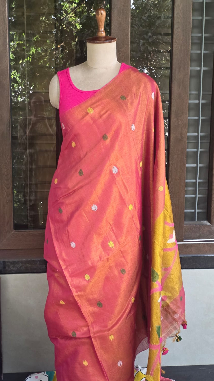 Orange Mul Tissue Saree With gold Paithani Pallu
