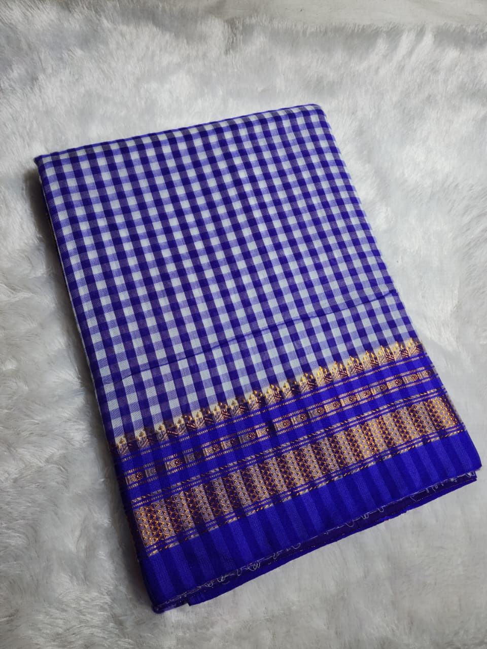 navy Blue & White Ilkal mini Checks Saree with Zari Border