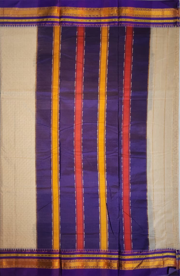 Beige Ilkal Zig-Zag Cotton Saree with Contrast Zari Border & Pallu