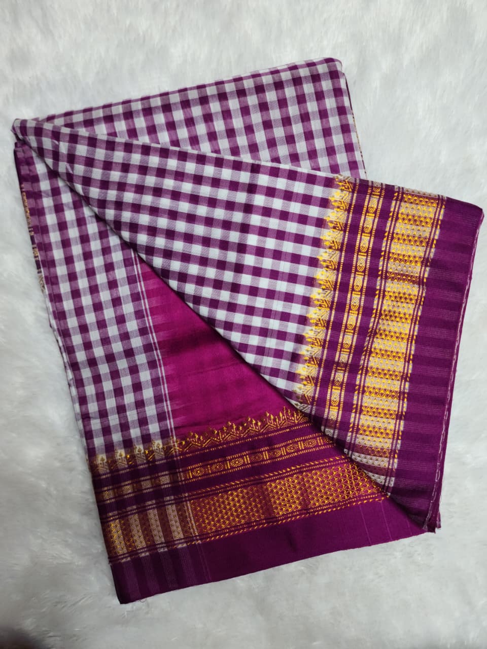 Purple & White mini Checks Ilkal Saree with Traditional Zari Border