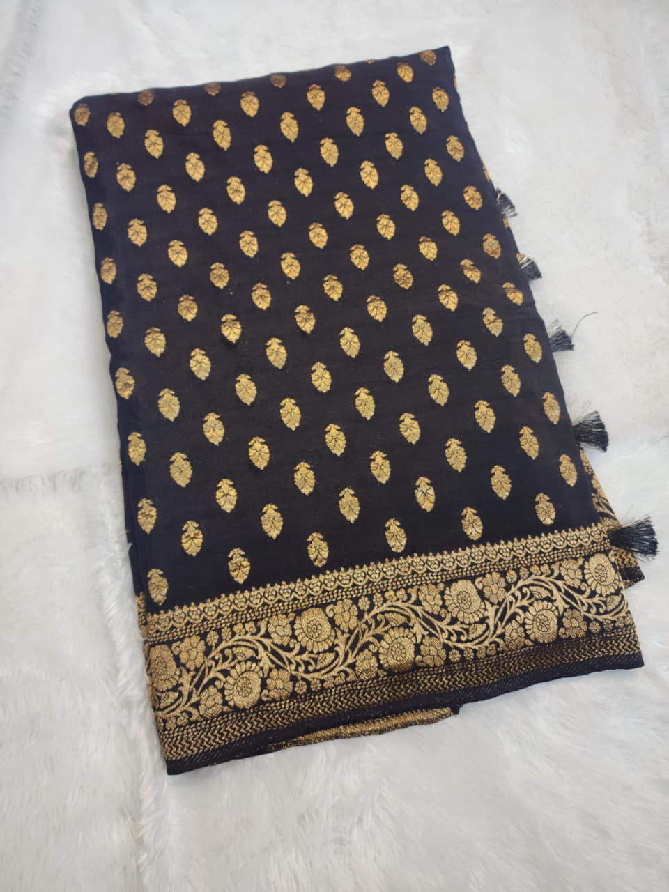 Classic Black Banarasi Silk Saree with Gold Zari Buttas & Floral Border
