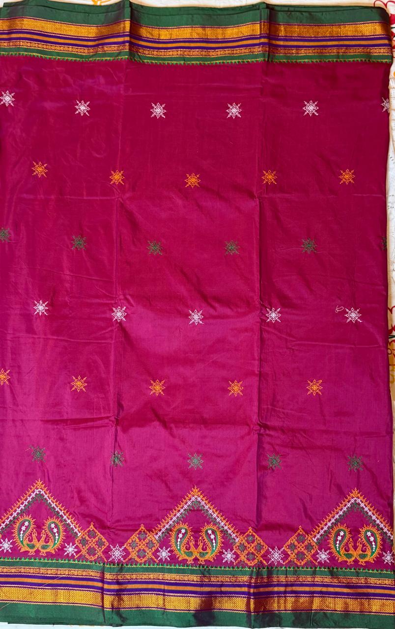 Pink kasuti saree with peacock design