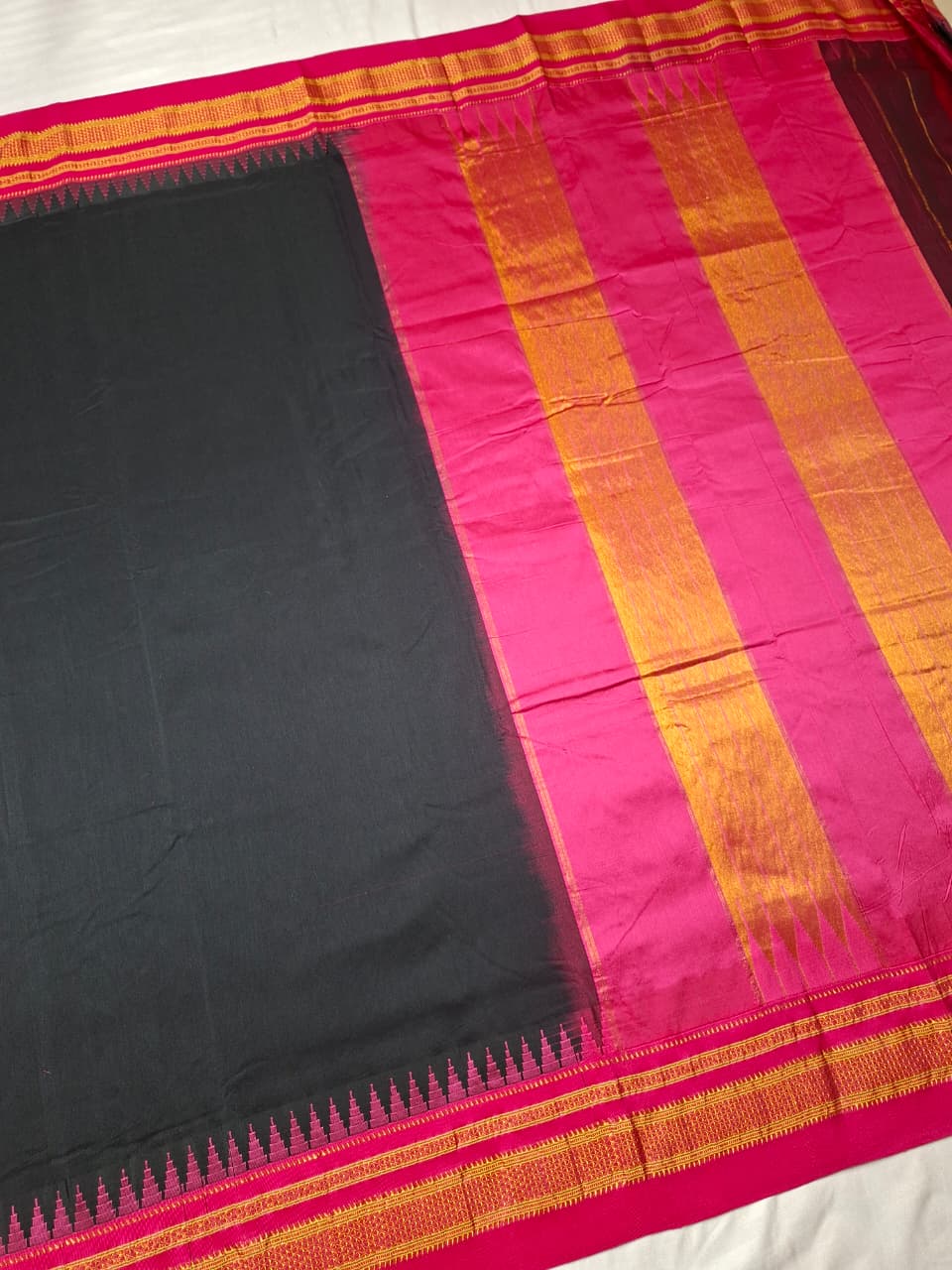 Classic Black Mini Gadwal Ilkal Saree with Rani Pink Chikki Paras Border