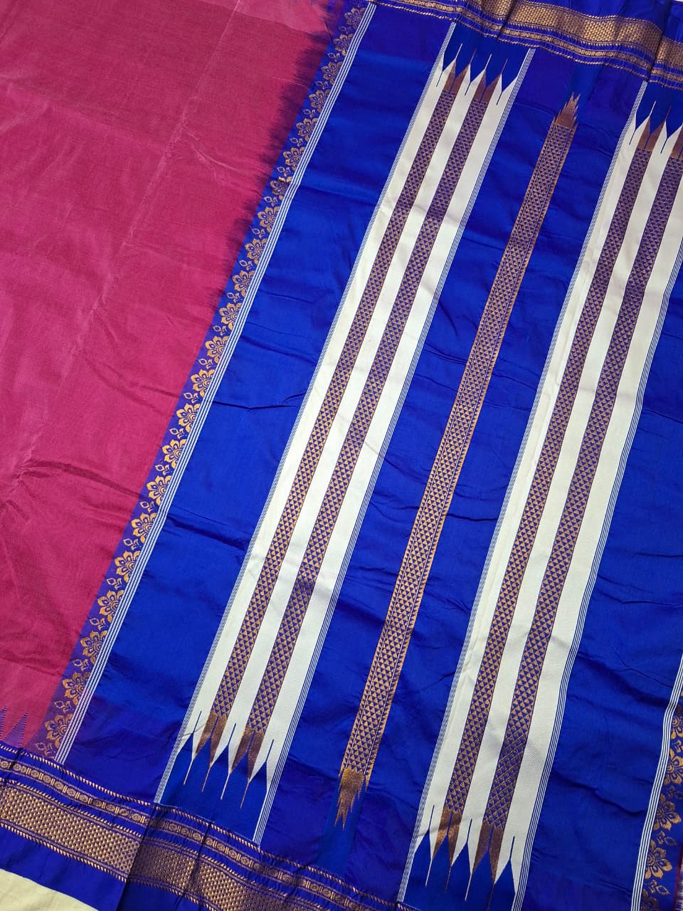 Deep Magenta Ilkal Viscose Silk Saree with Royal Blue Chikki Paras Border