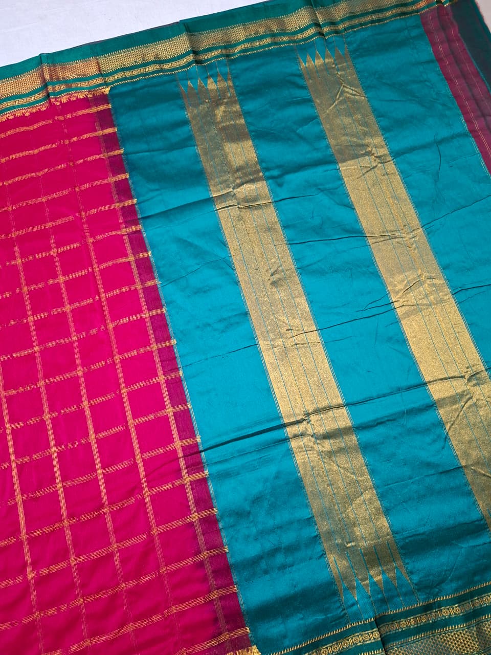Rani Pink with Bottle Green  Big Jari Checks Ilkal Saree
