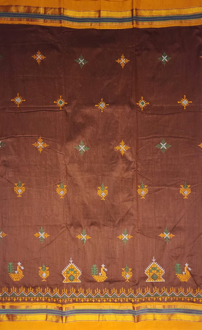 Chocolate Brown Mustard  Ilkal Kasuti Cotton Saree