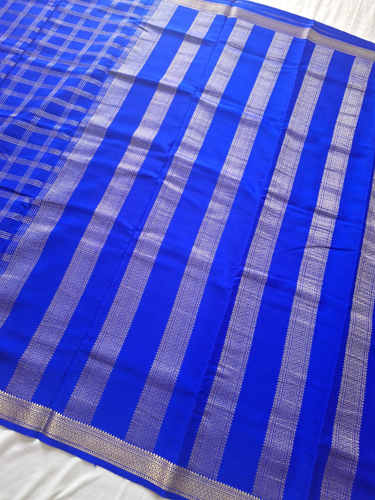 royal blue mysore crepe pure silk saree with golden zari