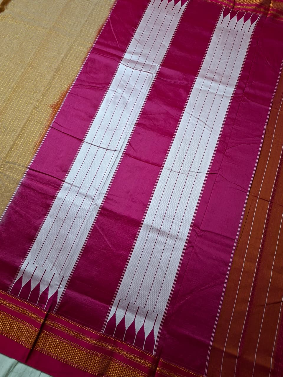 Warm Beige Mini Checks Ilkal Meera Saree with Rani Pink Zari Border