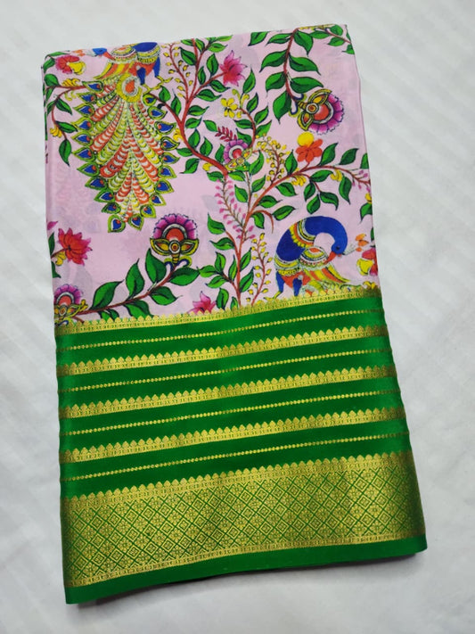 Mysore Silk Saree in Light Pink with Botanical & Peacock Print and Green Zari Border