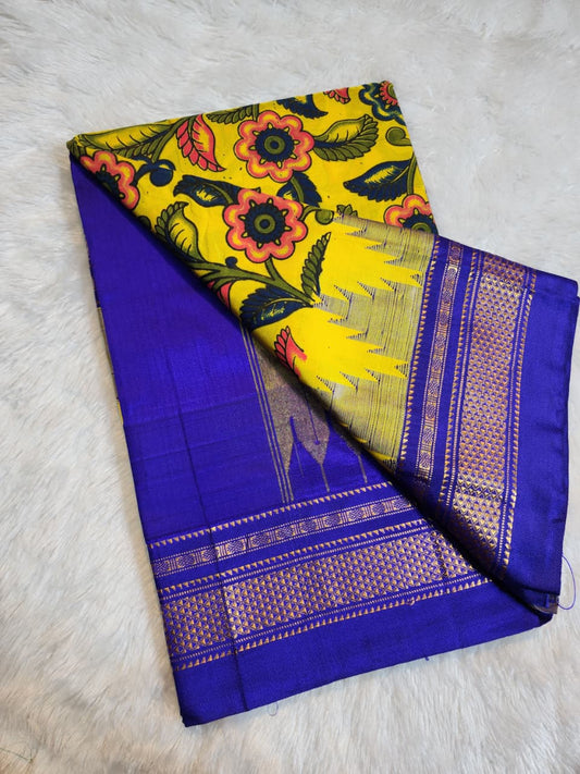 Vibrant Yellow Ilkal–Kalamkari Floral print Fusion Saree