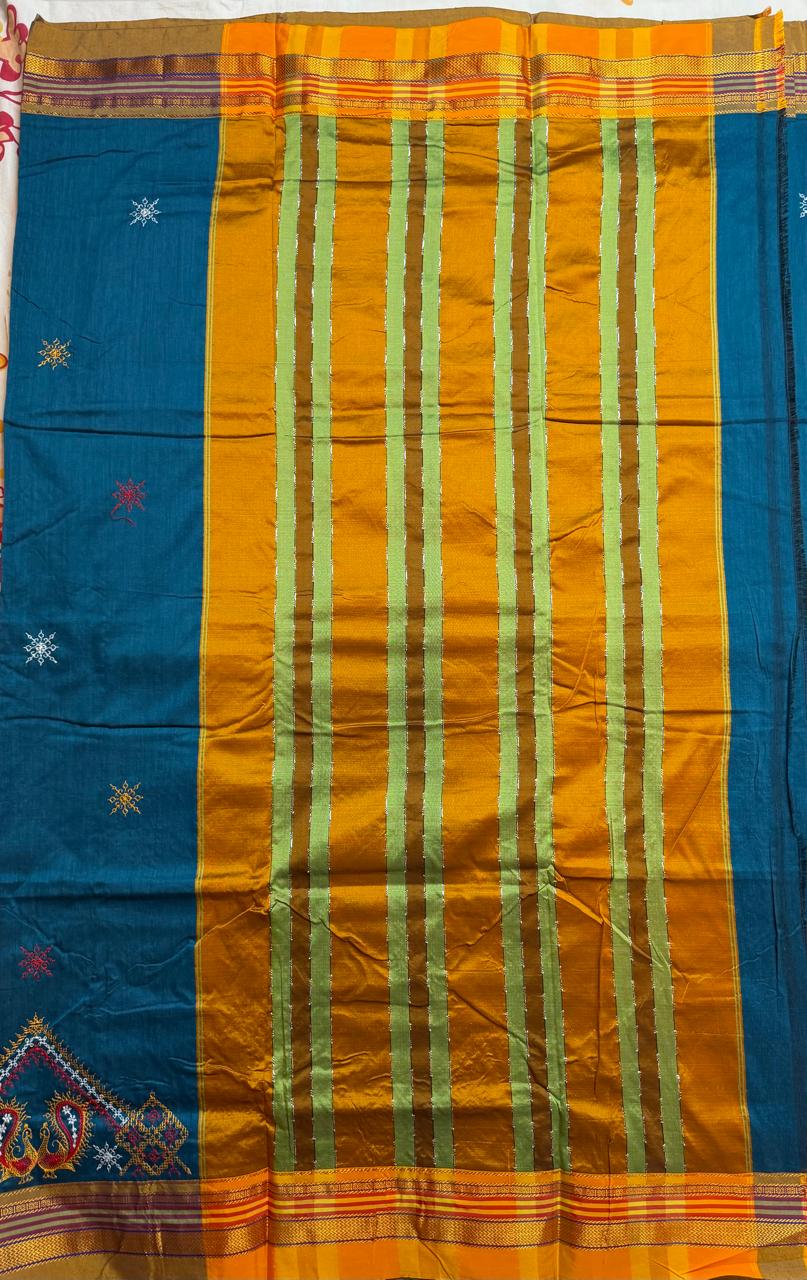 Aqua blue kasuti saree with peacock motifs