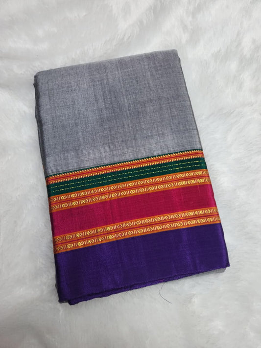 Steel Grey Ilkal Cotton Handloom Saree with Gayathri Plain Border