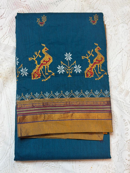 Aqua blue kasuti saree with peacock motifs