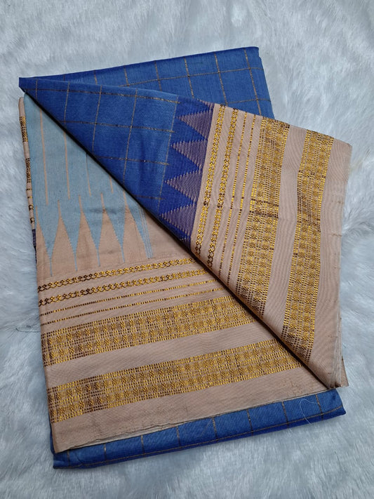 Dusty Blue Big Checks Ilkal Saree with Beige Big Border