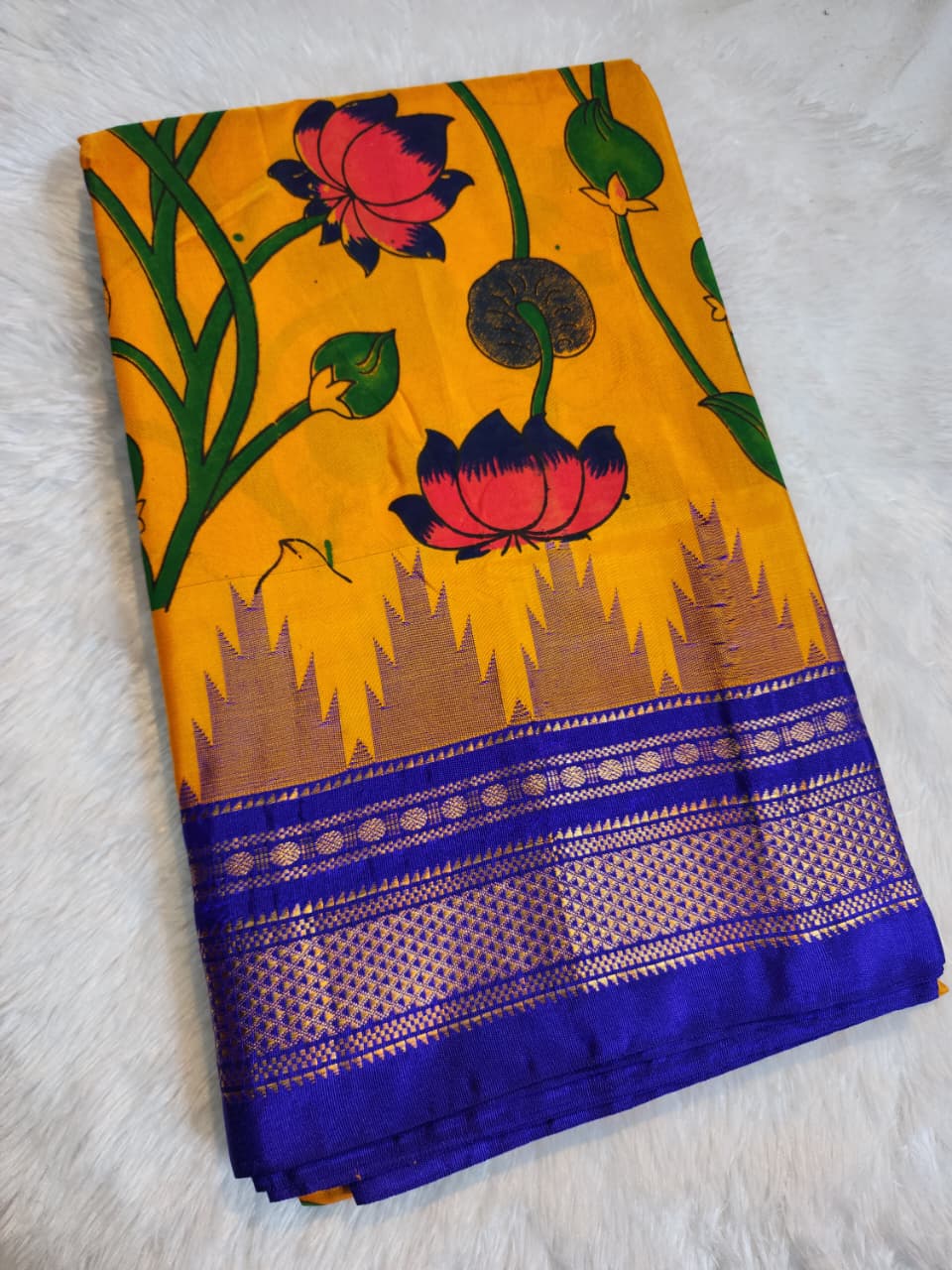 Vibrant Mustard Yellow Ilkal–Kalamkari Floral print Fusion Saree