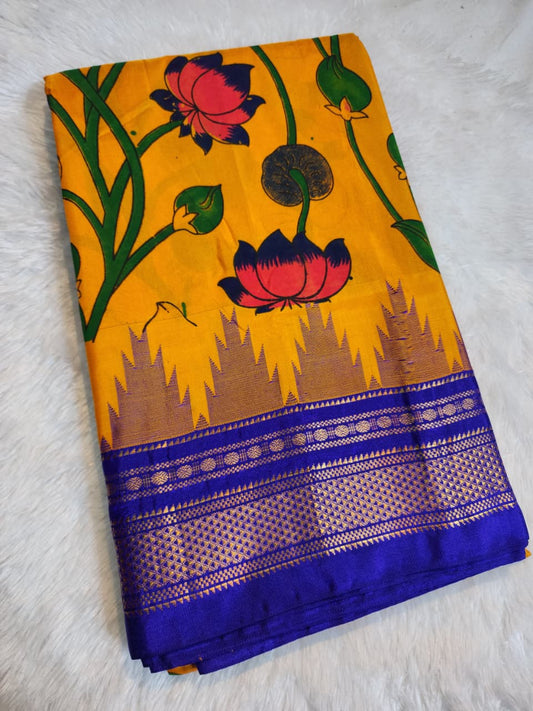 Vibrant Mustard Yellow Ilkal–Kalamkari Floral print Fusion Saree