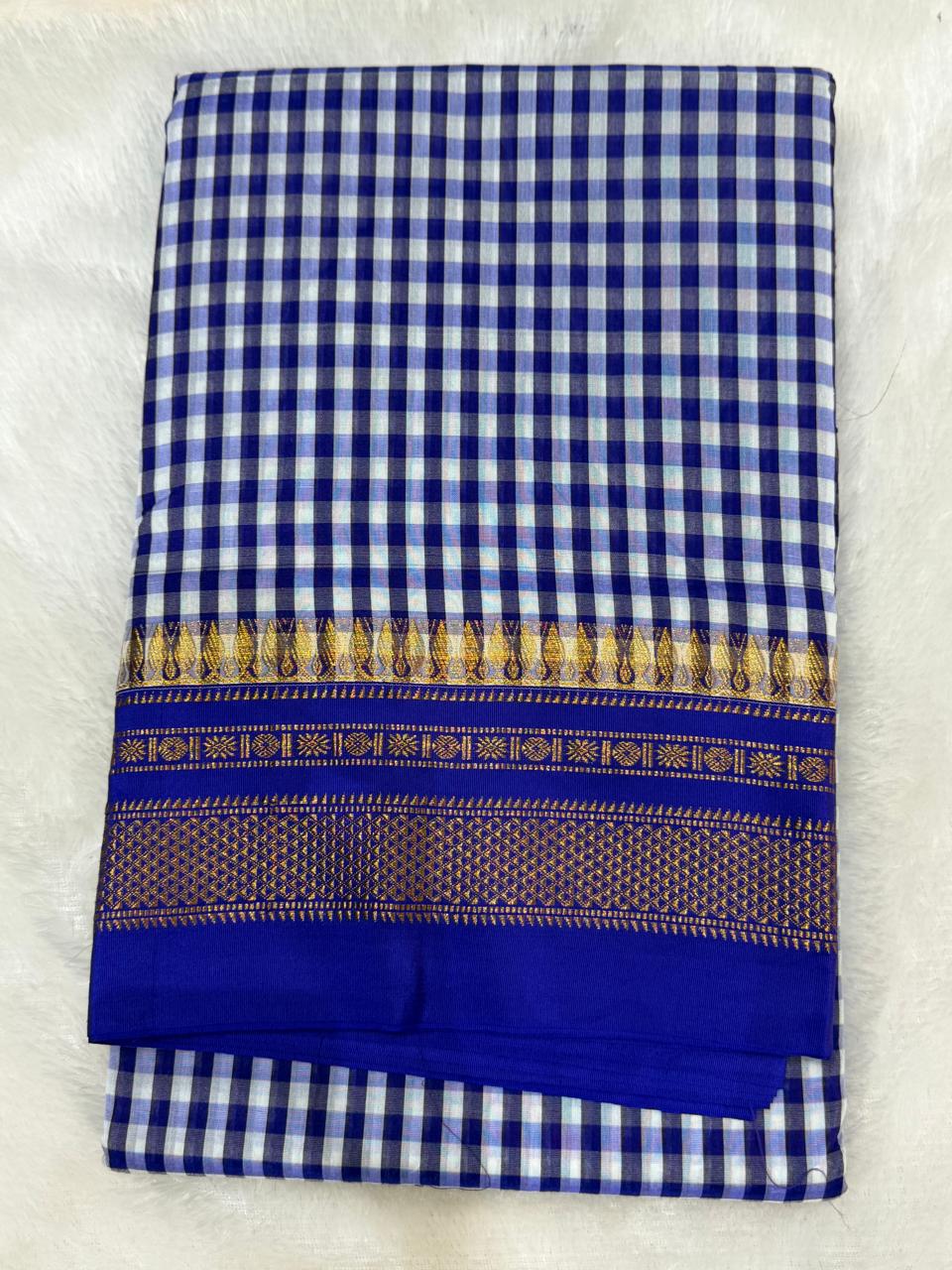 Premium Navy Blue & White Ilkal Mini Checks Saree with Gadwal border