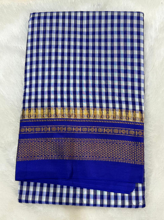 Premium Navy Blue & White Ilkal Mini Checks Saree with Gadwal border
