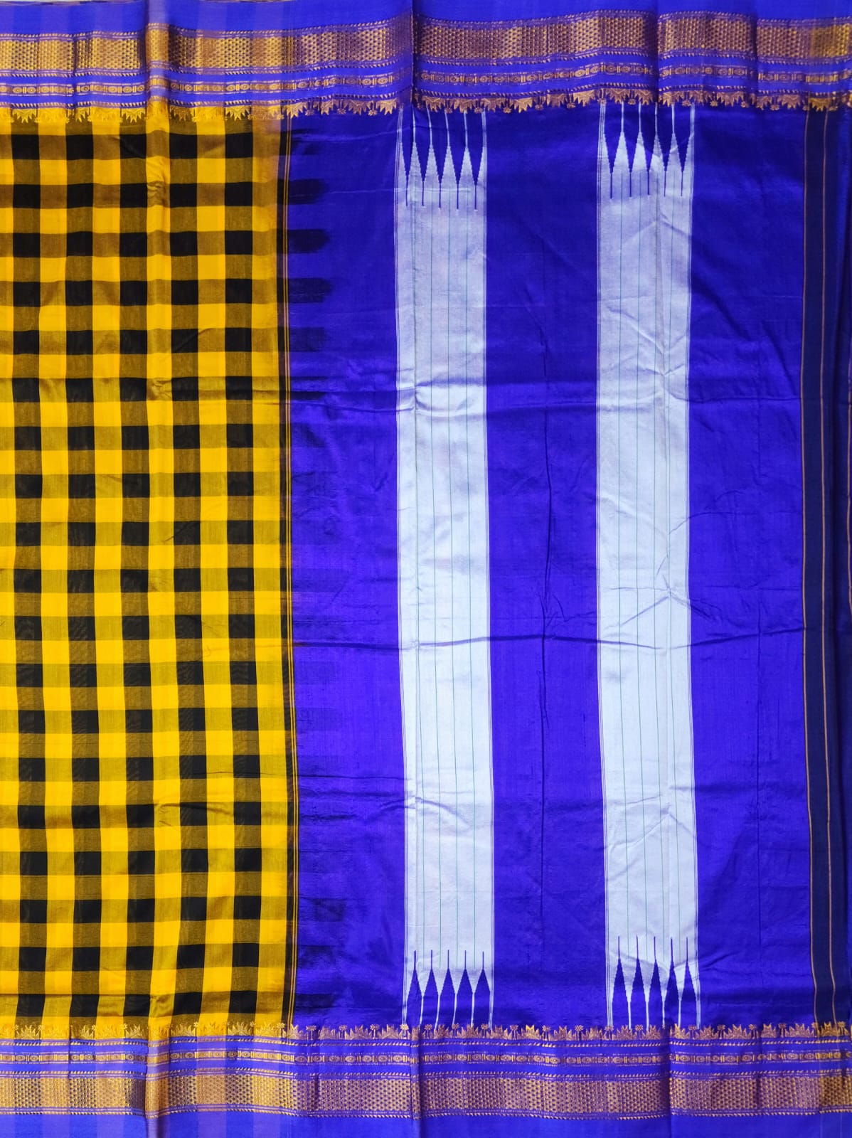 Mustard Yellow and Deep Black Ilkal Big Checks Saree with Rich Pallu