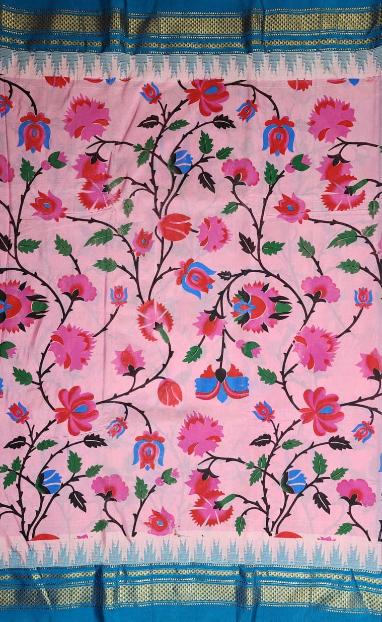 Pink Floral Ilkal–Kalamkari Fusion Saree