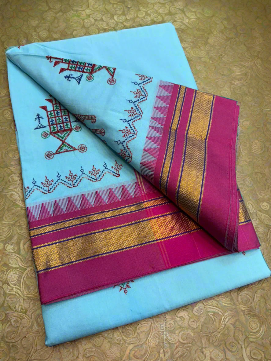Sky Blue Ilkal Kasuti Cotton Saree