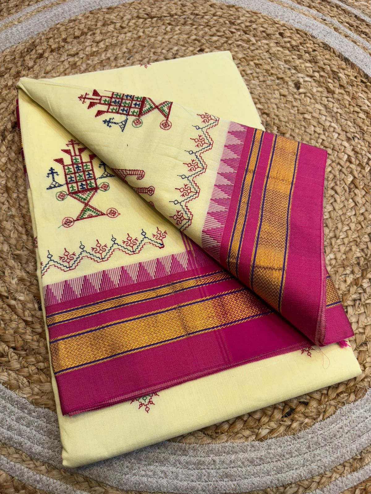 Light Yellow Ilkal Kasuti Cotton Saree