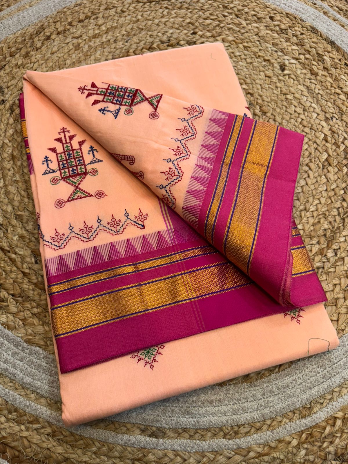 Peach Ilkal Kasuti Cotton Saree