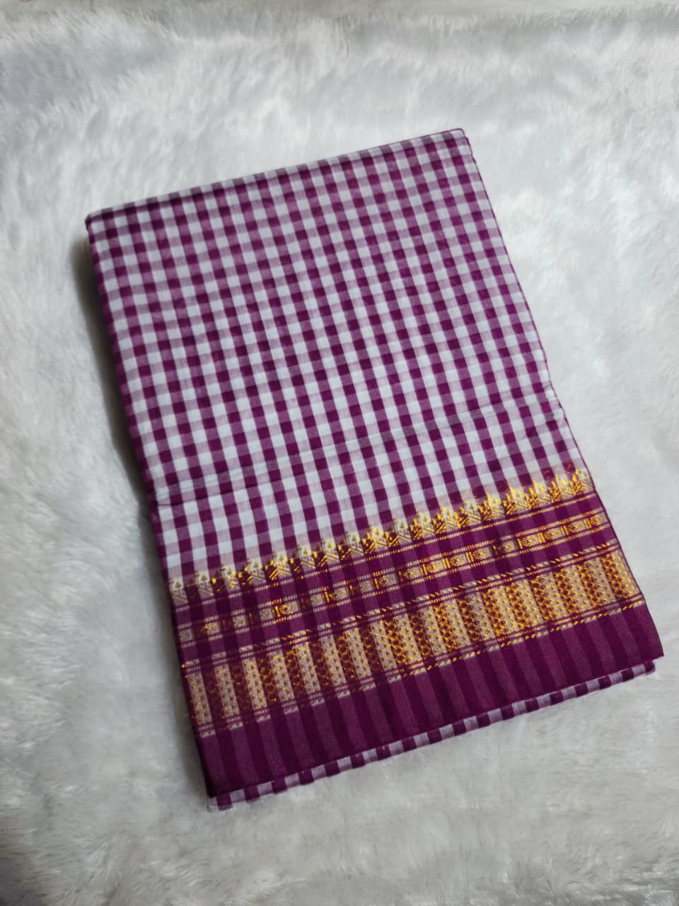 Purple & White mini Checks Ilkal Saree with Traditional Zari Border