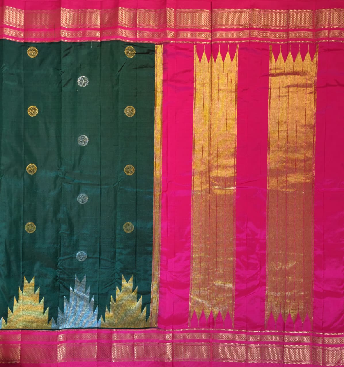 Bottle Green Gadwal Ilkal Silk with Two-Colour Zari Temple Tower Border