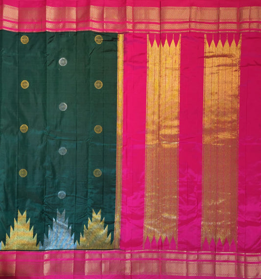 Bottle Green Gadwal Ilkal Silk with Two-Colour Zari Temple Tower Border