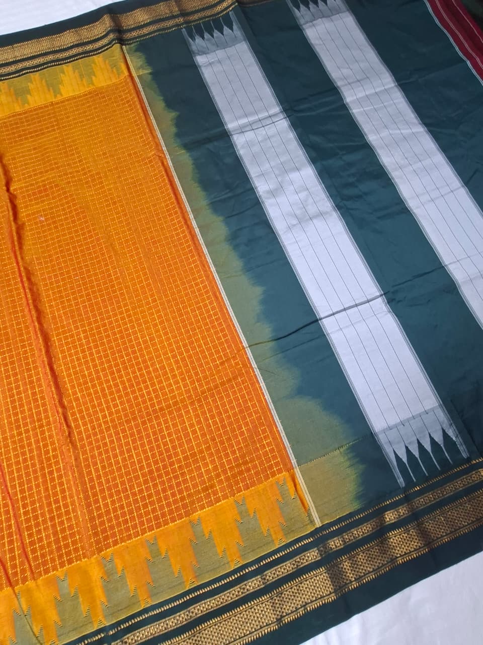 Rust Orange Gadwal Chaduranga Ilkal Cotton Saree with Contrast Zari Border & Pallu
