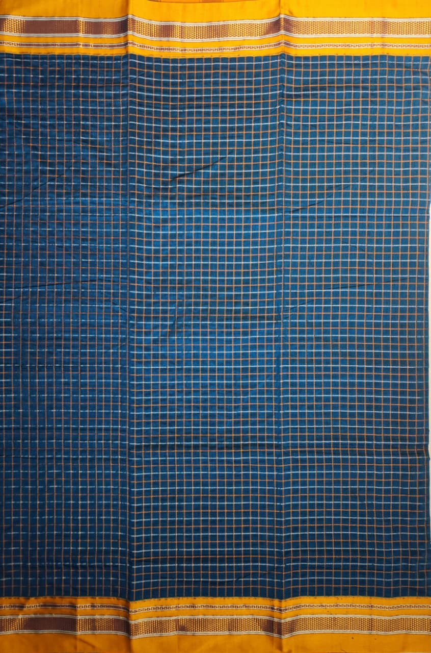 Deep Indigo Blue Double Checks Ilkal Cotton Saree with Mustard Zari Border