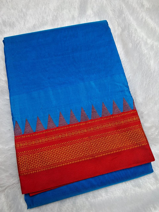 Turquoise Blue Ilkal Viscose Silk Saree with Vermilion Red Chikki Paras Border