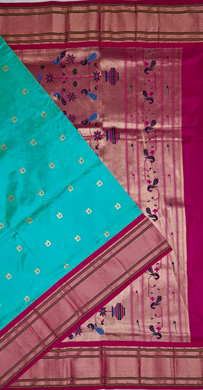 Aqua Blue Paithani Silk with Peacock Motifs